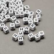 Large Hole Acrylic Letter European Beads, Horizontal Hole, White & Black, Cube with Letter.H, 6x6x6mm, Hole: 4mm, about 2950pcs/500g(SACR-Q103-6mm-01H)