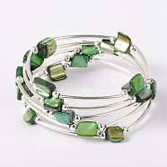 Shell Beads Wrap Bracelets, Dyed, Steel Bracelet Memory Wire with Brass Tube Beads and Iron Round Beads, Platinum, 59mm, Sea Green, 59mm(BJEW-JB01608-03)