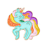 Unicorn Enamel Pin, Light Gold Alloy Brooch for Backpack Clothes, Turquoise, 30x30mm(RABO-PW0001-005C)