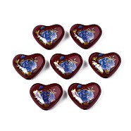 Flower Printed Opaque Acrylic Heart Beads, Coconut Brown, 16x19x8mm, Hole: 2mm(SACR-S305-28-L02)
