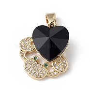 Rack Plating Brass Micro Pave Cubic Zirconia Pendants, with Glass, Long-Lasting Plated, Cadmium Free & Lead Free, Crab with Heart, Real 18K Gold Plated, Black, 21x18x8mm, Hole: 5x3mm(KK-C015-01G-17)