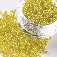 Glass Seed Beads, Trans. Colours Lustered, Round, Yellow, 2mm, Hole: 1mm, 30000pcs/pound(SEED-A006-2mm-110)