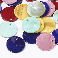 Freshwater Shell Pendants, Dyed, Flat Round, Mixed Color, 16x1.5~2mm, Hole: 1.4mm(SHEL-Q020-03)