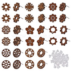 32Pcs 8 Style Leaf & Flower & Donut Walnut Wood Stud Earring Findings, with Hole and 304 Stainless Steel Pin and 40Pcs Plastic Ear Nuts, Tan, 17~18x17~18mm, Hole: 1.8mm, Pin: 0.7mm, 4Pcs/style(MAK-CA0001-17)