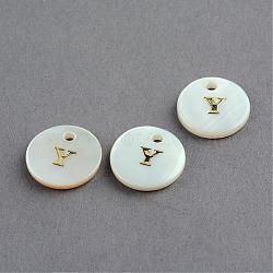 Freshwater Shell Pendants, Flat Round with Gold Blocking Letter.Y, 11.5x2mm, Hole: 1.5mm(SSHEL-S249-Y)