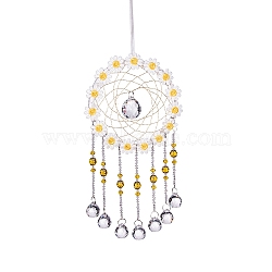 Glass Teardrop Pendant Decorations, Woven Web/Net with Feather for Home Outdoor Garden Hanging Decorations, Clear, 430x130mm(PW-WG82317-01)