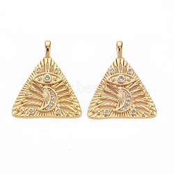Brass Micro Pave Clear Cubic Zirconia Pendants, Nickel Free, Triangle with Moon, Real 18K Gold Plated, 23x19x2mm, Hole: 3x1.5mm(KK-S356-696)