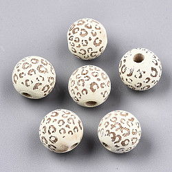 Painted Natural Wood Beads, Laser Engraved Pattern, Round with Leopard Print, Light Yellow, 15~16x15mm, Hole: 4mm(WOOD-T021-53B-12)