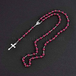 Long Handmade Imitation Pearl Cross Pendant Lariat Necklace Unisex Tassel Sweater Chain Necklaces, Red(FZ4072-1)