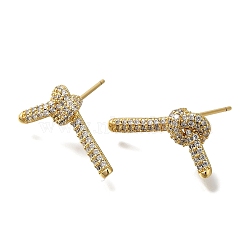 Rack Plating Brass Micro Pave Clear Cubic Zirconia Stud Earrings, Long-Lasting Plated, knot, Real 18K Gold Plated, 17x11.5mm(EJEW-U011-08G)