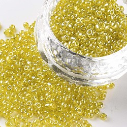 Glass Seed Beads, Trans. Colours Lustered, Round, Yellow, 2mm, Hole: 1mm, 30000pcs/pound(SEED-A006-2mm-110)