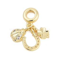 Brass Micro Pave Clear Cubic Zirconia Ladybirds & Horseshoe & Clover European Dangle Charms, Large Hole Pendants, Cadmium Free & Lead Free, Long-Lasting Plated, Rack Plating, Real 18K Gold Plated, 23.5mm, Hole: 4mm(KK-G522-28G)