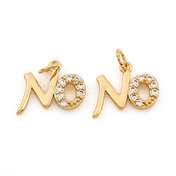 Brass Micro Pave Cubic Zirconia Charms, with Jump Ring, Word No, Clear, Real 18K Gold Plated, 9x11x1.5mm, Hole: 2.5mm(ZIRC-G169-05G)