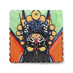 Embossed Printed Acrylic Pendant, Square Beijing Opera, Pale Green, 37.5x37.5x2.5mm, Hole: 1.8mm(MACR-K343-03C)