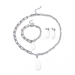 304 Stainless Steel Paperclip Chains & Cable Chain Jewelry Sets, Dangle Earrings & Pendant Necklaces & Charm Bracelets, Teardrop, Stainless Steel Color, 18-3/4 inches(47.7cm); 8 inches(20.3cm); 37mm, Pin: 0.6mm(SJEW-K153-55P)