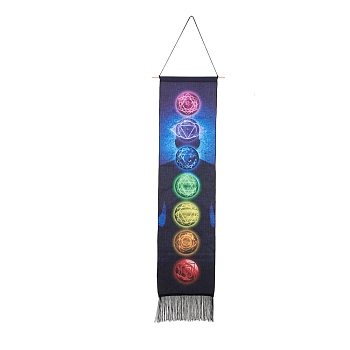 Chakra Theme Linen Wall Hanging Tapestry, Vertical Tapestry, with Tassel, Wood Rod & Iron Traceless Nail & Cord, for Home Decoration, Meditation, Rectangle, Round Pattern, 164cm