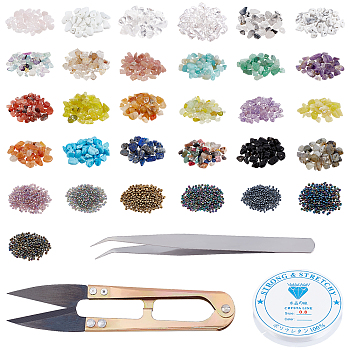 CHGCRAFT DIY Stretch Bracelets Making Kits, Including 240g Gemstone Beads, 70g Glass Seed Beads, 1Pc 304 Stainless Steel Tweezers, 2 Rolls Elastic Crystal Thread and 1Pc Steel Scissors, Mixed Color, 5~8x5~8mm, Hole: 1mm