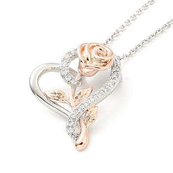Clear Cubic Zirconia Heart with Rose Pendant Necklace, Two Tone Brass Jewelry for Women, Platinum & Rose Gold, Pedants: 23x17x8mm, 15.94 inch(40.5cm)