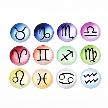 Glass Cabochons, Half Round with 12 Constellations, Mixed Color, 12 Constellations, 25x7~8mm, 12pcs/set