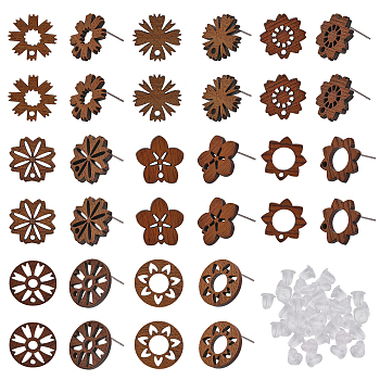 32Pcs 8 Style Leaf & Flower & Donut Walnut Wood Stud Earring Findings, with Hole and 304 Stainless Steel Pin and 40Pcs Plastic Ear Nuts, Tan, 17~18x17~18mm, Hole: 1.8mm, Pin: 0.7mm, 4Pcs/style