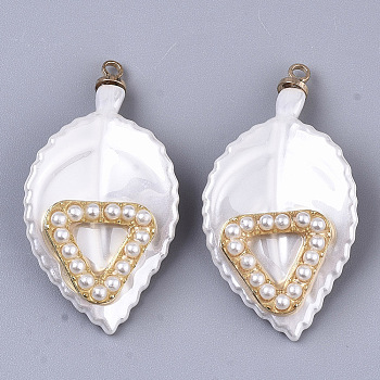 ABS Plastic Pendants, with ABS Plastic Imitation Pearl, Light Gold Plated Alloy Finding and Brass Loop, Leaf with Triangle, White, 34.5x18.5x5.5mm, Hole: 1.6mm