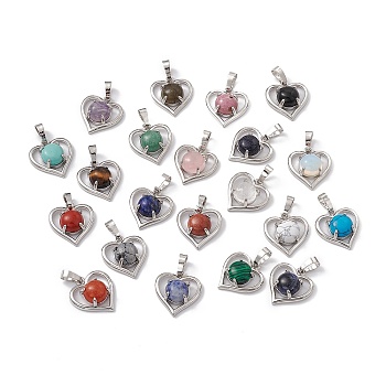 Natural & Synthetic Mixed Gemstone Pendants, Heart Charms, with Platinum Tone Brass Findings, Cadmium Free & Nickel Free & Lead Free, Mixed Dyed and Undyed, 21.5x19.5x7.5~8mm, Hole: 7.5x5mm