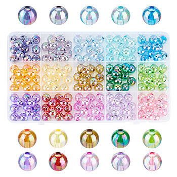 Elite 180Pcs 15 Colors Transparent Acrylic Beads, AB Color Plated, Round, Mixed Color, 10x9mm, Hole: 2mm, about 12pcs/color