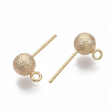 Brass Ball Stud Earring Findings, Nickel Free, with Loop, Real Gold Plated, Textured, Real 18K Gold Plated, 14.5~16.5x5~5.5mm, Hole: 1.2mm, Pin: 0.8mm