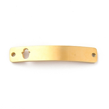 304 Stainless Steel Connector Charms, Curve Rectangle with Pattern, Golden, Hamsa Hand Pattern, 34.5x6x1.5mm, Hole: 1.5mm