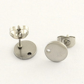 304 Stainless Steel Stud Earring Findings, with Flat Plate and Ear Nuts, Flat Round, Stainless Steel Color, 8mm, Hole: 1.5mm, pin: 0.8mm