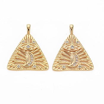 Brass Micro Pave Clear Cubic Zirconia Pendants, Nickel Free, Triangle with Moon, Real 18K Gold Plated, 23x19x2mm, Hole: 3x1.5mm