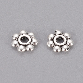 Tibetan Style Daisy Spacer Beads, Flower, Silver, 6x1.3mm, Hole: 2mm, Lead Free and Cadmium Free