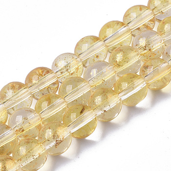Transparent Spray Painted Glass Bead Strands, with Golden Foil, Round, Gold, 6~7mm, Hole: 1.2~1.5mm, about 65~67pcs/Strand, 14.76 inch~15.12 inch(37.5~38.4cm)