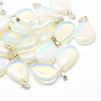 Teardrop Opalite Pendants, with Platinum Tone Brass Findings, 25~29x16~17x5~6mm, Hole: 2x7mm