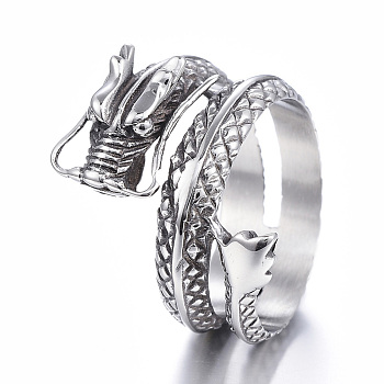 316 Surgical Stainless Steel Wide Band Rings, Dragon, Antique Silver, 21mm