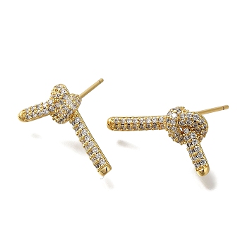 Rack Plating Brass Micro Pave Clear Cubic Zirconia Stud Earrings, Long-Lasting Plated, knot, Real 18K Gold Plated, 17x11.5mm