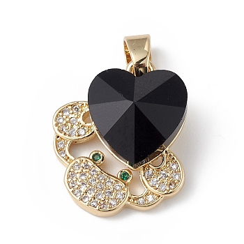 Rack Plating Brass Micro Pave Cubic Zirconia Pendants, with Glass, Long-Lasting Plated, Cadmium Free & Lead Free, Crab with Heart, Real 18K Gold Plated, Black, 21x18x8mm, Hole: 5x3mm