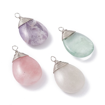 Natural Mixed Stone Pendants, with Platinum Eco-Friendly Copper Wire, Teardrop, 43x25x9mm, Hole: 3.6mm