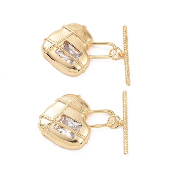 Brass Pave Clear Cubic Zirconia Toggle Clasps, Heart, Real 18K Gold Plated, Bar: 24.5x4x2mm, Hole: 1.4mm, Heart: 28.5x21x6mm, Hole: 10x4.5mm