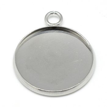 304 Stainless Steel Pendant Cabochon Settings, Plain Edge Bezel Cups, Flat Round, Stainless Steel Color, Tray: 16mm, 21.5x17.5x1.5mm, Hole: 2.5mm