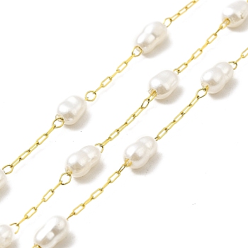 Ion Plating(IP) 316 Surgical Stainless Steel Paperclip Chains, Glass Pearl Gourd Beaded Chain, Soldered, with Spool, Real 18K Gold Plated, Link: 2.5x1.5x0.3mm, Gourd: 5~6x3~3.5mm