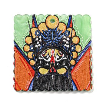 Embossed Printed Acrylic Pendant, Square Beijing Opera, Pale Green, 37.5x37.5x2.5mm, Hole: 1.8mm