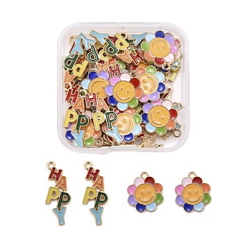 40Pcs 2 Style Alloy Enamel Pendants, with Word HAPPY & Flower, Colorful, Light Gold, 18.5~29x11.2~16x1.5~1.8mm, Hole: 1.6mm, 20pcs/Style