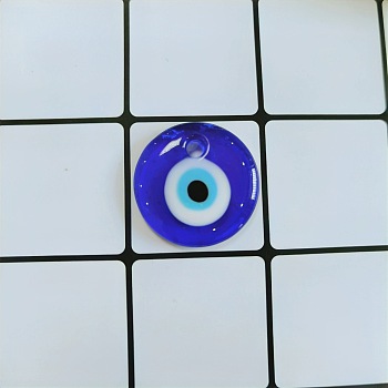 Transparent Glass Pendants, Flat Round with Evil Eye, Blue, 20mm
