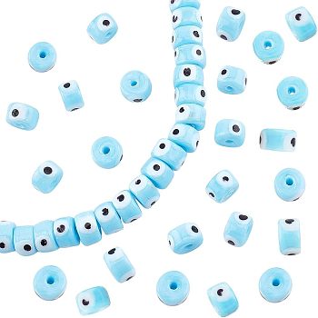 Nbead Handmade Evil Eye Lampwork Beads Strands, Column, Deep Sky Blue, 8.5x6~7mm, Hole: 2mm, about 53~56pcs/strand, 13.78 inch~14.17 inch(35cm~36cm)