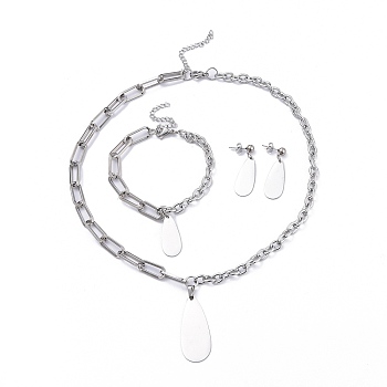 304 Stainless Steel Paperclip Chains & Cable Chain Jewelry Sets, Dangle Earrings & Pendant Necklaces & Charm Bracelets, Teardrop, Stainless Steel Color, 18-3/4 inch(47.7cm), 8 inch(20.3cm), 37mm, Pin: 0.6mm