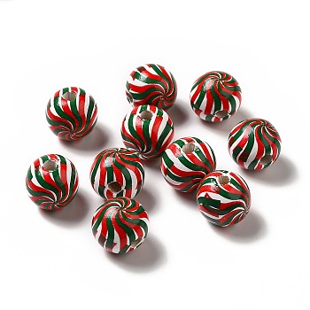 Christmas Theme Printed Natural Wooden Beads, Round with Vortex Pattern, Colorful, 16x14.5mm, Hole: 3.5mm