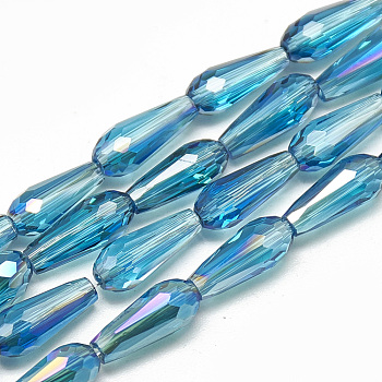 Electroplate Glass Beads Strands, Faceted Teardrop, Dodger Blue, 9~9.5x4mm, Hole: 1mm, about 72pcs/strand, 25.98 inch