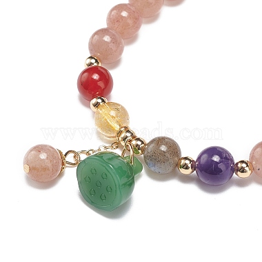 Natural & Synthetic Mixed Gemstone Round Beaded Stretch Bracelet with Glass Lotus Seedpod Charms for Women(BJEW-JB09027)-2