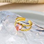 304 Stainless Steel & Cubic Zirconia Cuff Open Rings for Women, Heart, Golden, Pearl Pink, Heart: 9x9.5mm, US Size 7 1/4(17.5mm)(RJEW-G376-01G-01)